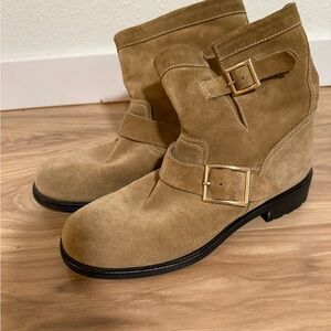 Jimmy Choo Tan Suede Boots with Gold Detail